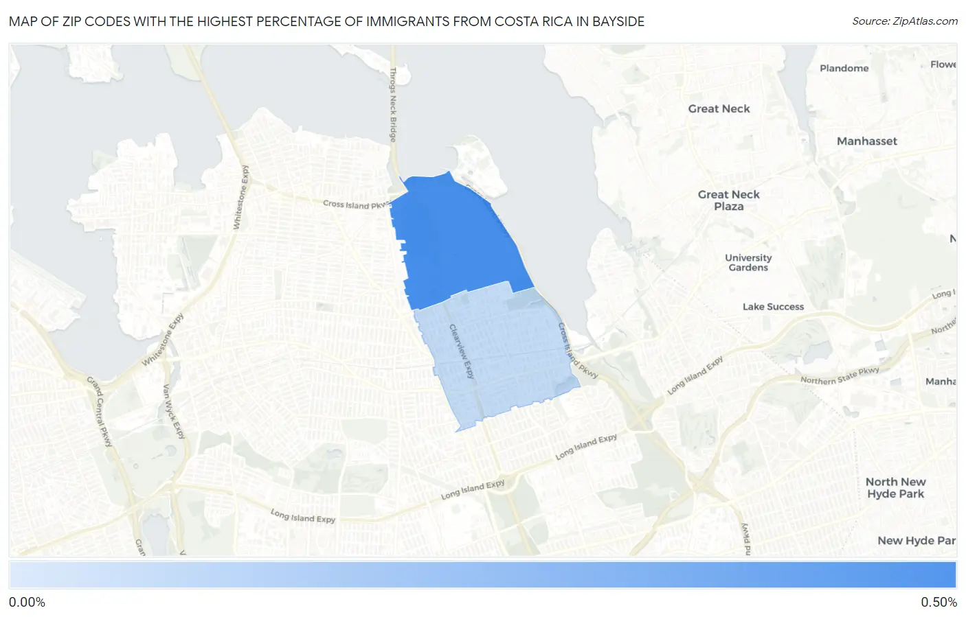 Zip Codes with the Highest Percentage of Immigrants from Costa Rica in Bayside Map