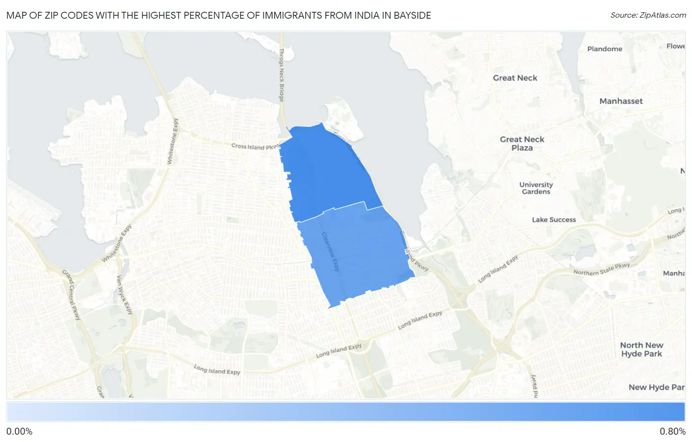 Zip Codes with the Highest Percentage of Immigrants from India in Bayside Map