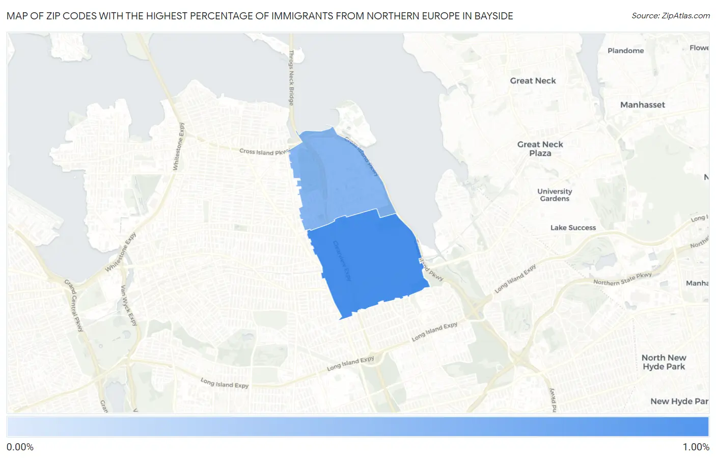 Zip Codes with the Highest Percentage of Immigrants from Northern Europe in Bayside Map