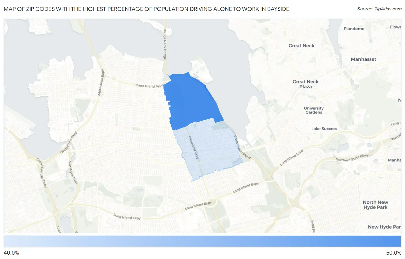 Zip Codes with the Highest Percentage of Population Driving Alone to Work in Bayside Map