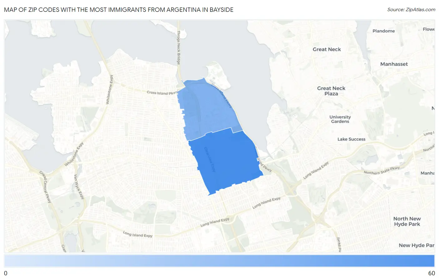 Zip Codes with the Most Immigrants from Argentina in Bayside Map
