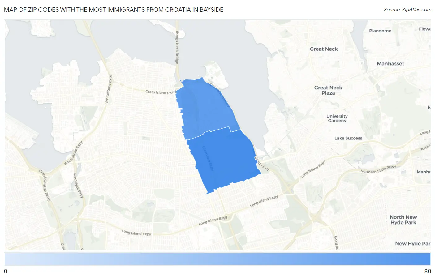 Zip Codes with the Most Immigrants from Croatia in Bayside Map