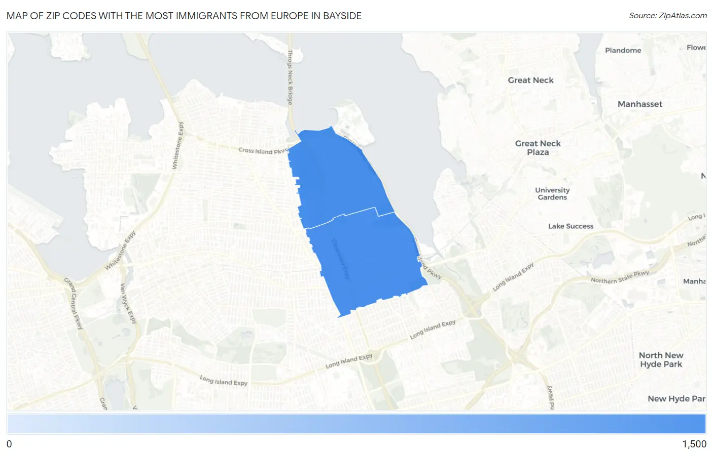 Zip Codes with the Most Immigrants from Europe in Bayside Map