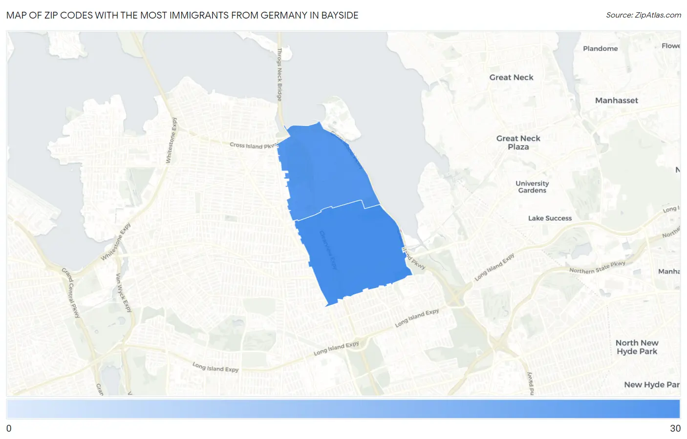 Zip Codes with the Most Immigrants from Germany in Bayside Map