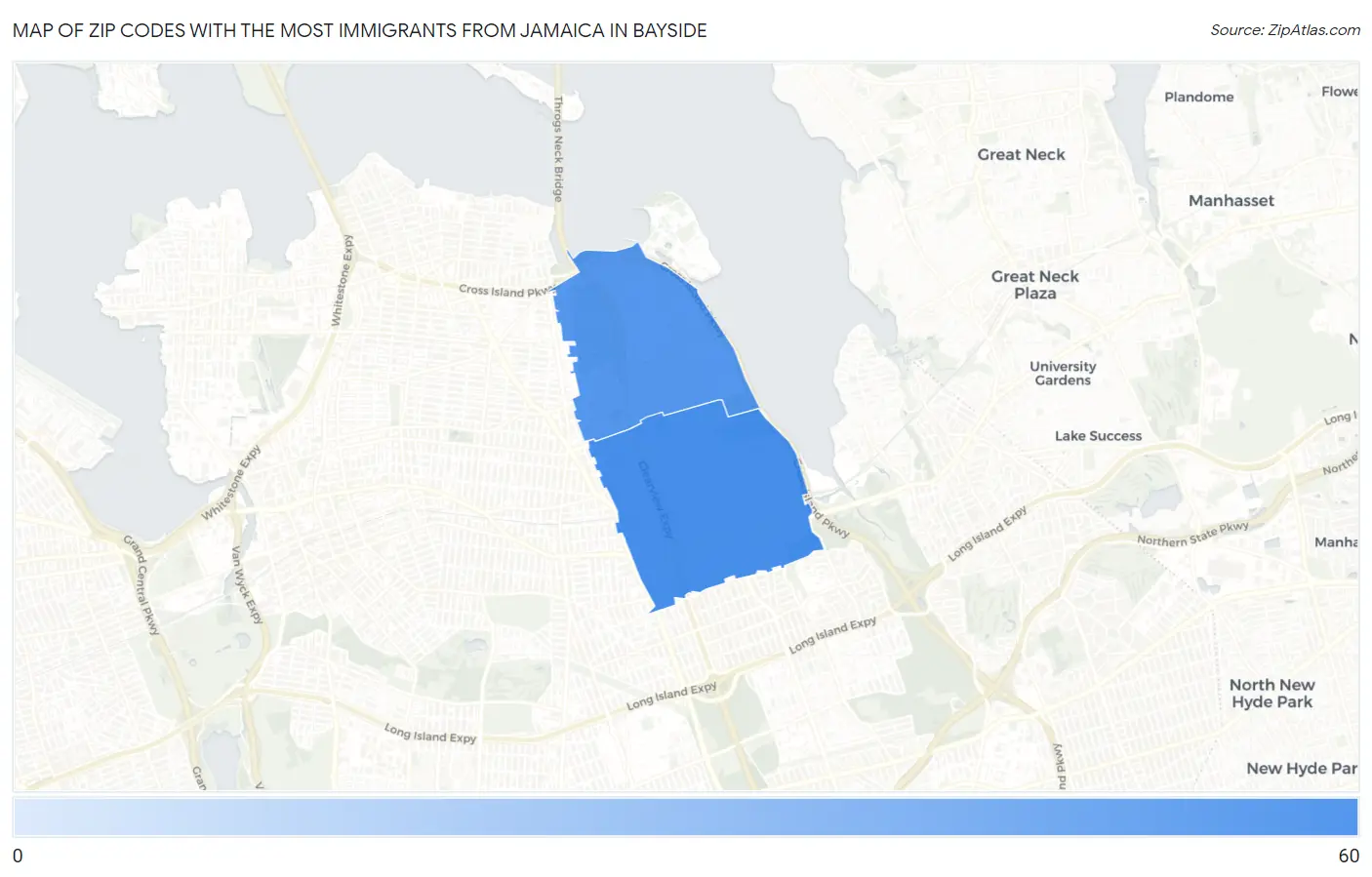 Zip Codes with the Most Immigrants from Jamaica in Bayside Map