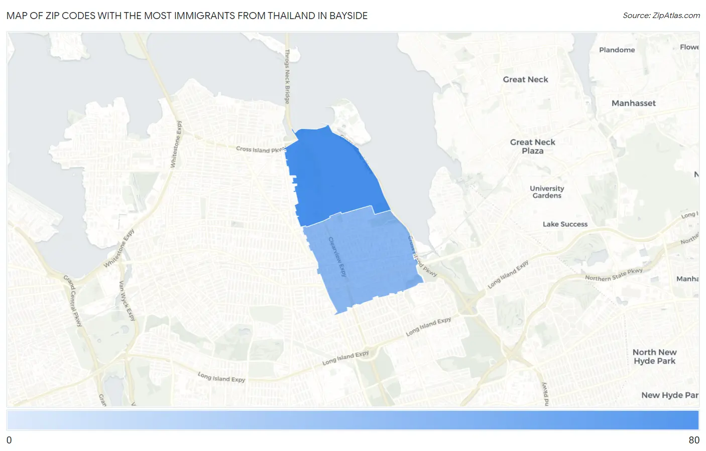 Zip Codes with the Most Immigrants from Thailand in Bayside Map
