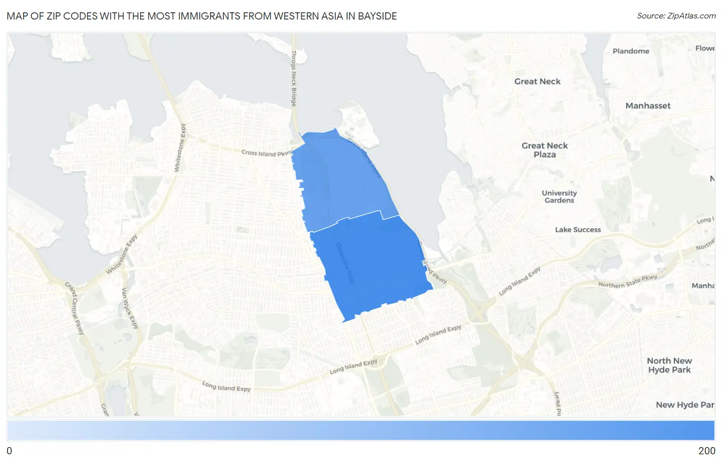 Zip Codes with the Most Immigrants from Western Asia in Bayside Map