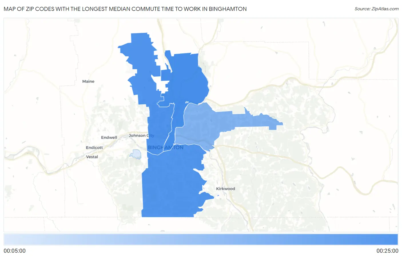 Zip Codes with the Longest Median Commute Time to Work in Binghamton Map