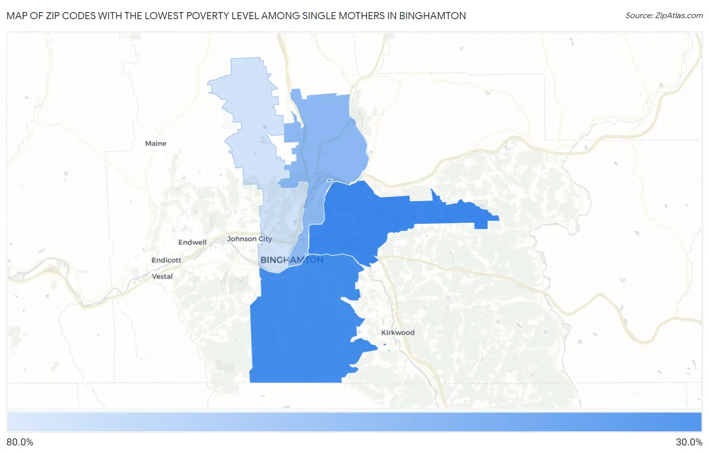 Zip Codes with the Lowest Poverty Level Among Single Mothers in Binghamton Map