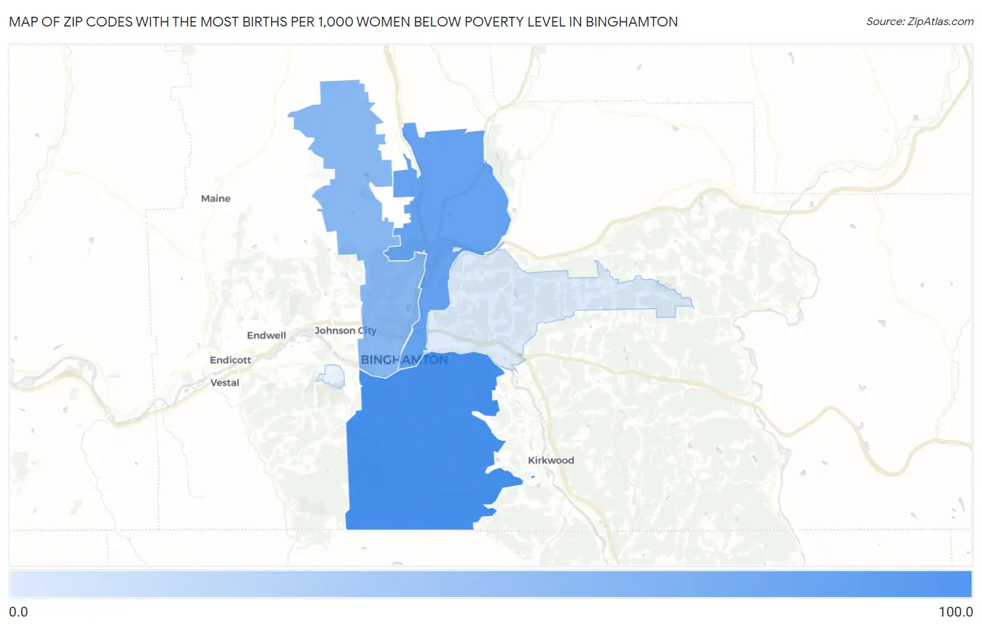 Zip Codes with the Most Births per 1,000 Women Below Poverty Level in Binghamton Map
