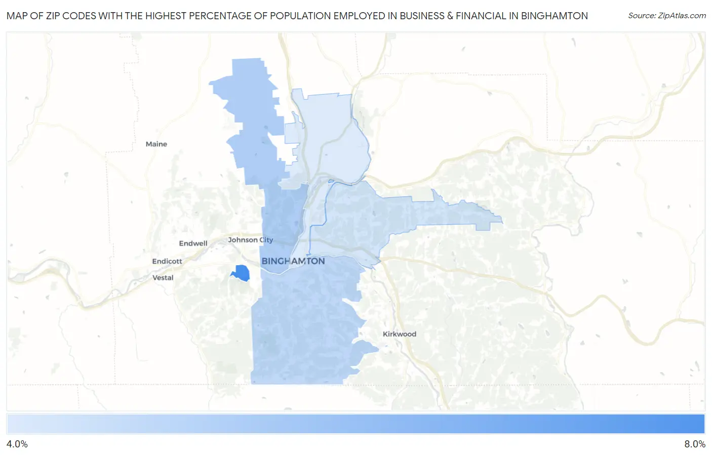 Zip Codes with the Highest Percentage of Population Employed in Business & Financial in Binghamton Map