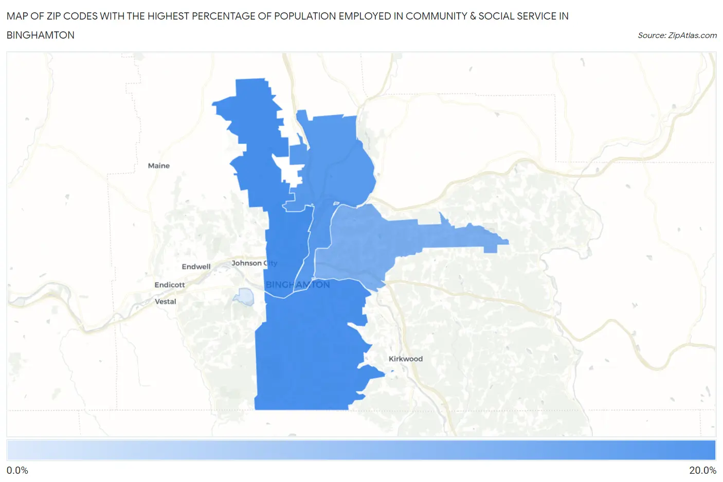 Zip Codes with the Highest Percentage of Population Employed in Community & Social Service  in Binghamton Map