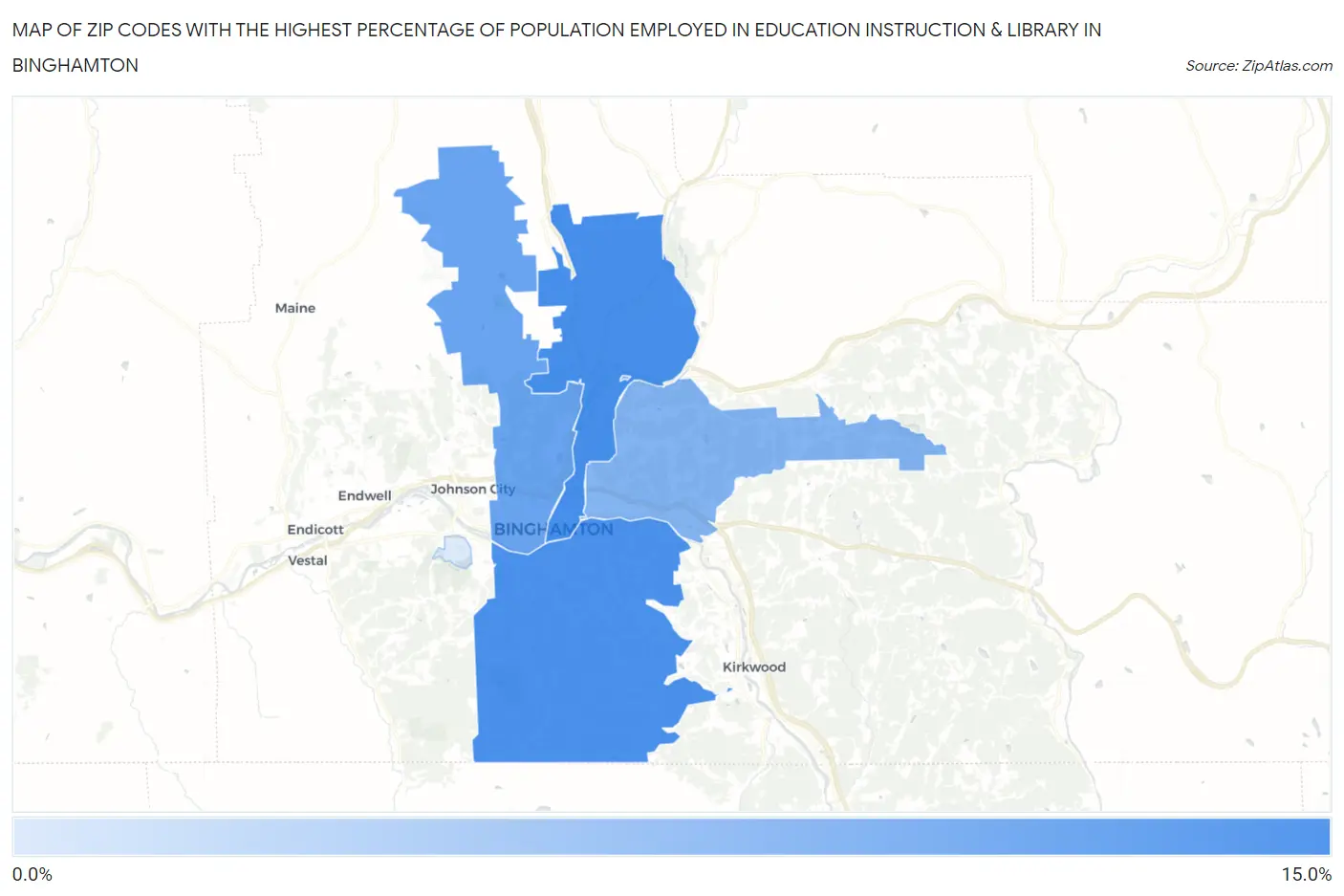 Zip Codes with the Highest Percentage of Population Employed in Education Instruction & Library in Binghamton Map