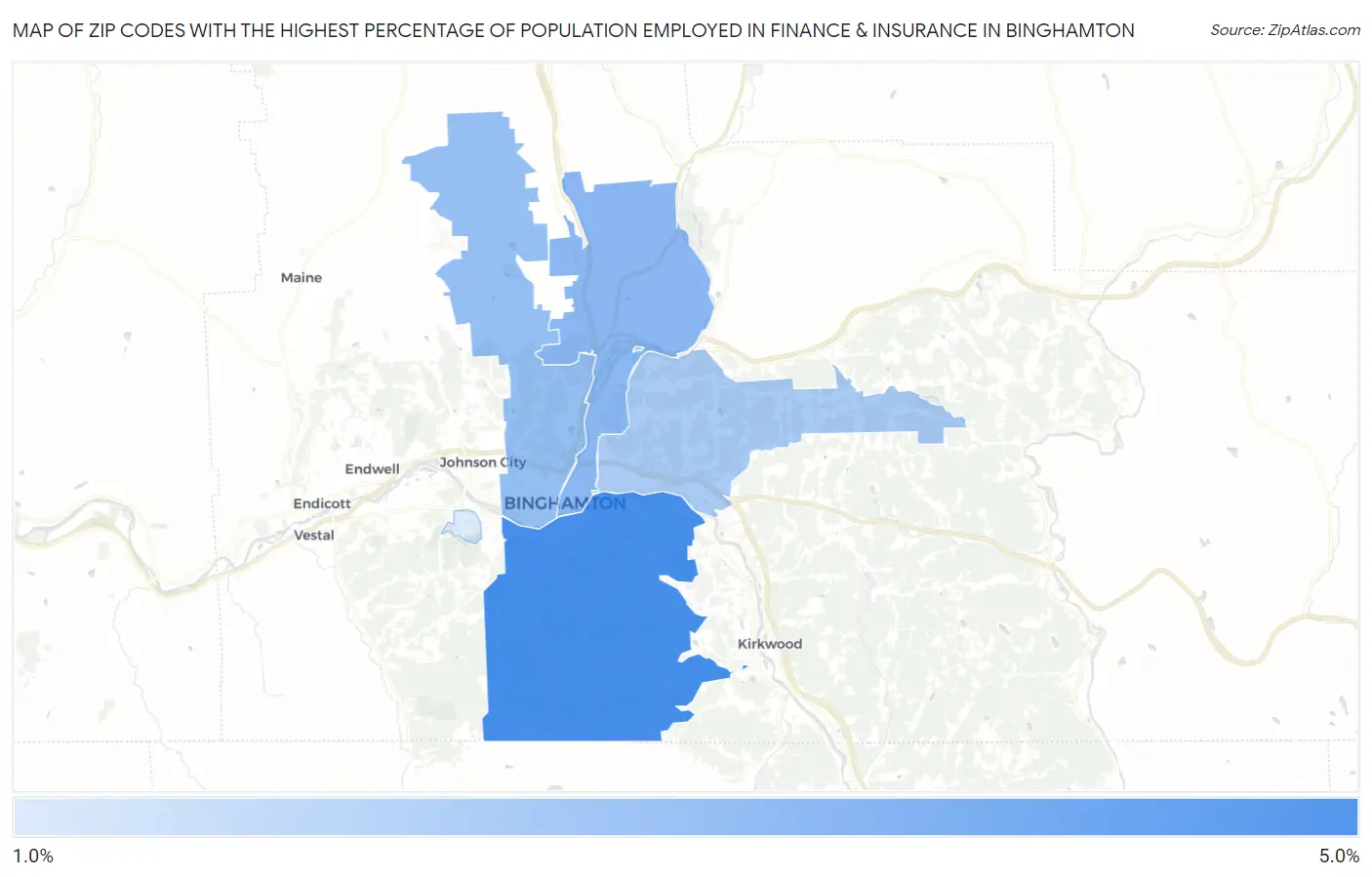 Zip Codes with the Highest Percentage of Population Employed in Finance & Insurance in Binghamton Map