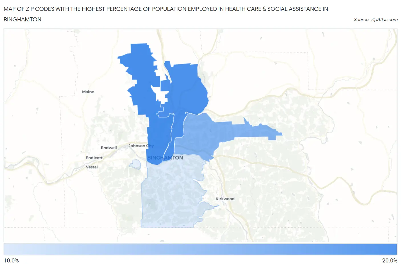 Zip Codes with the Highest Percentage of Population Employed in Health Care & Social Assistance in Binghamton Map