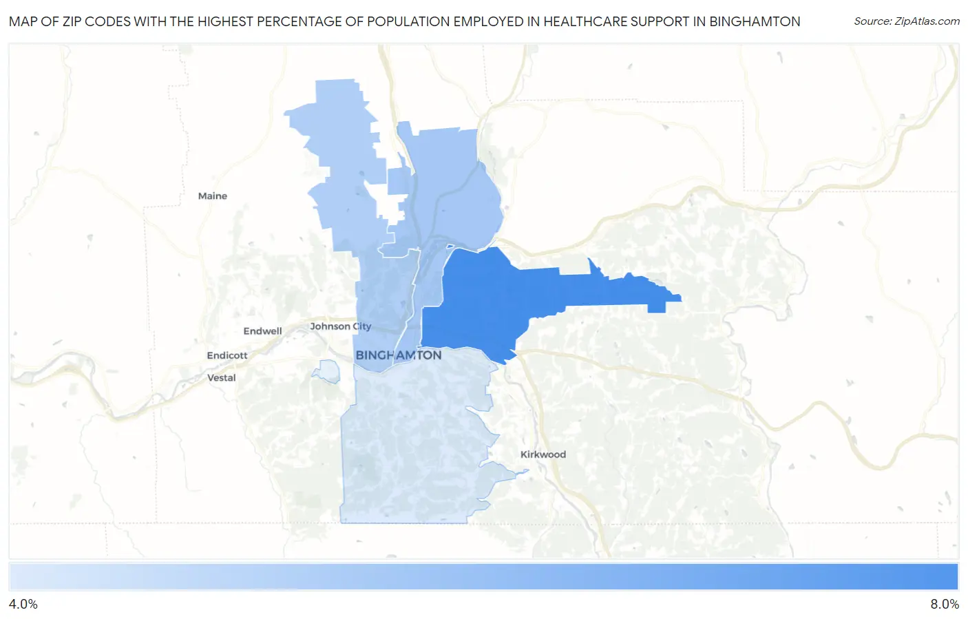 Zip Codes with the Highest Percentage of Population Employed in Healthcare Support in Binghamton Map