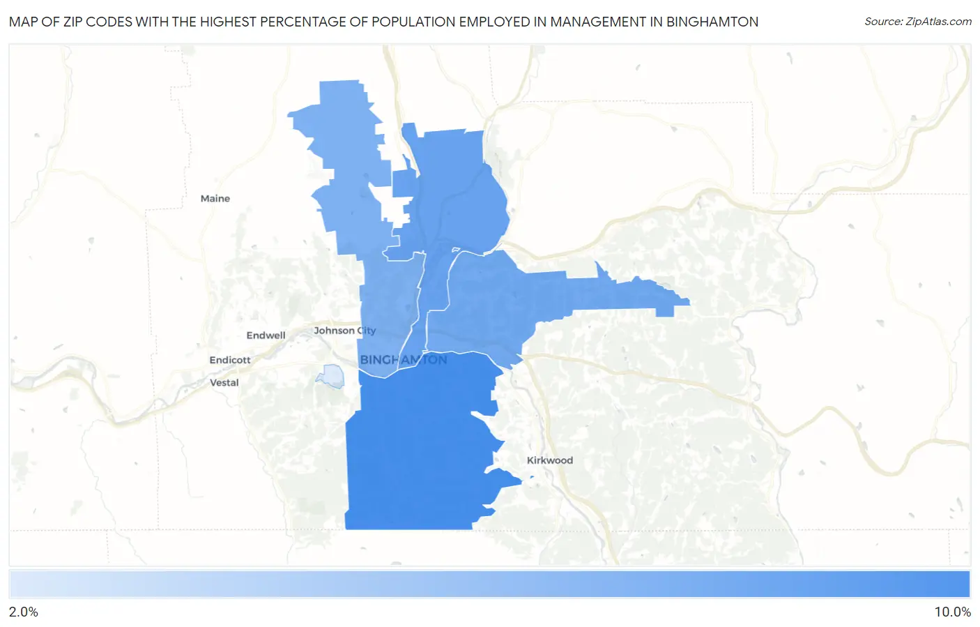 Zip Codes with the Highest Percentage of Population Employed in Management in Binghamton Map