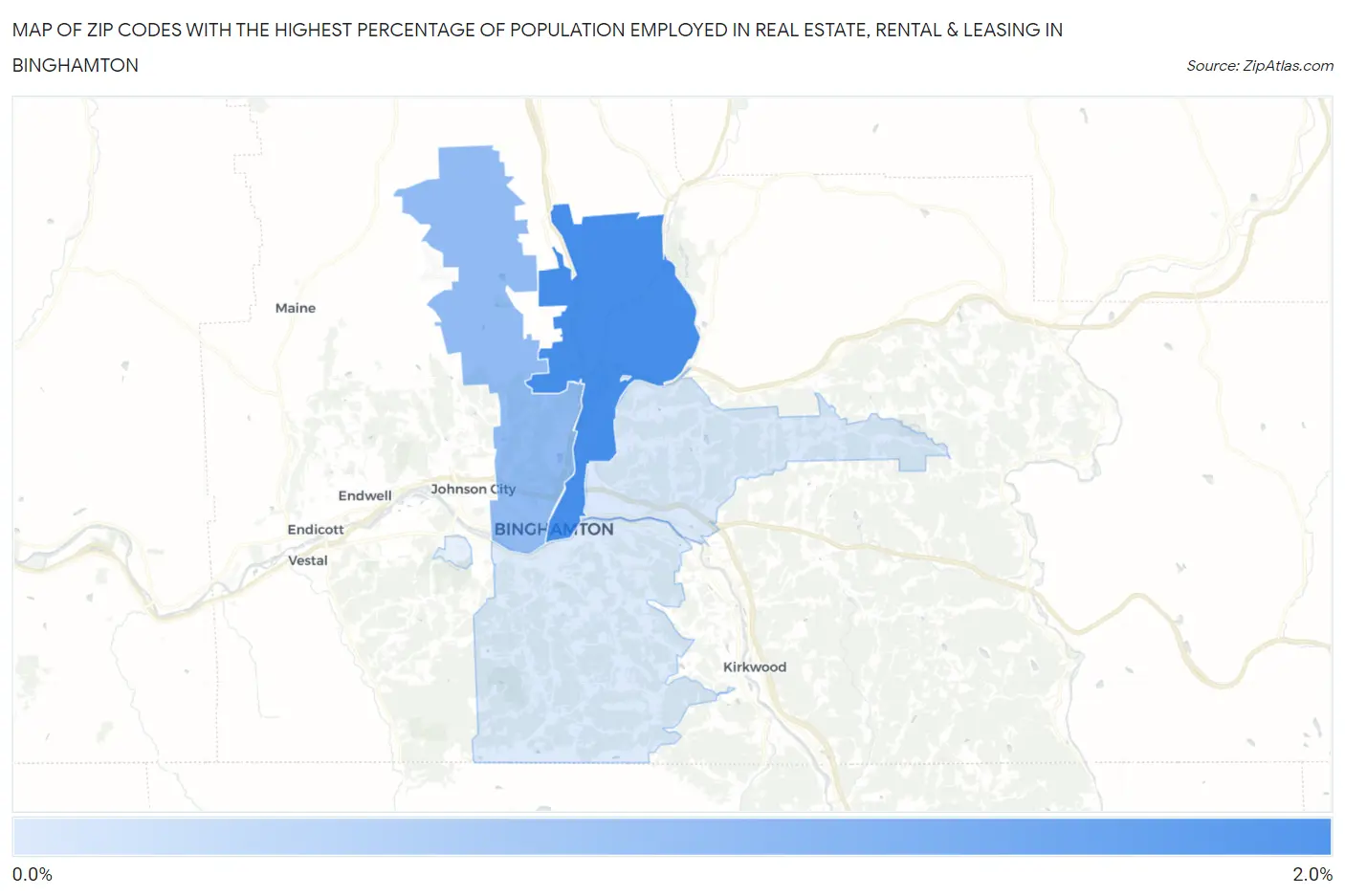 Zip Codes with the Highest Percentage of Population Employed in Real Estate, Rental & Leasing in Binghamton Map