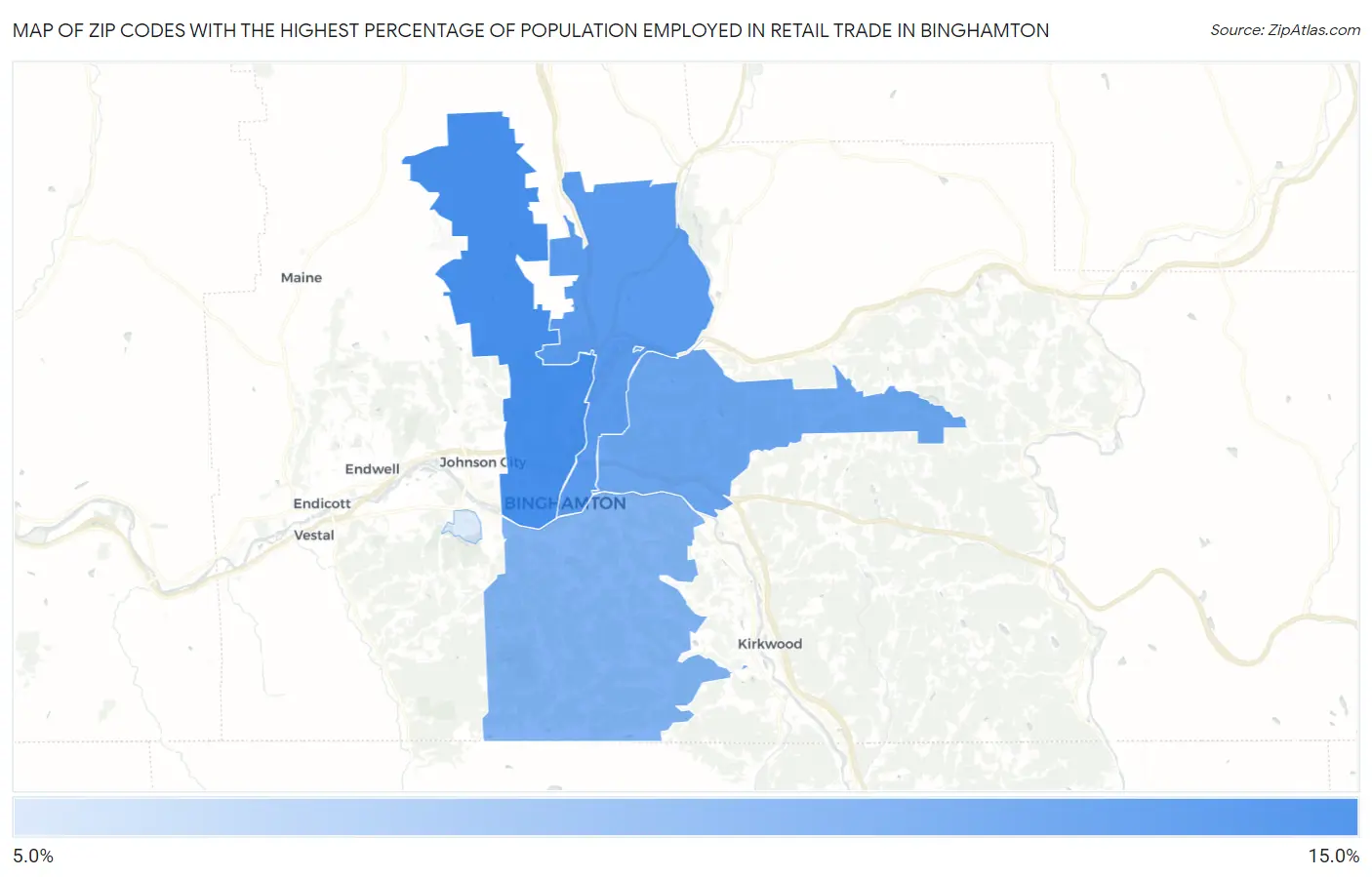 Zip Codes with the Highest Percentage of Population Employed in Retail Trade in Binghamton Map