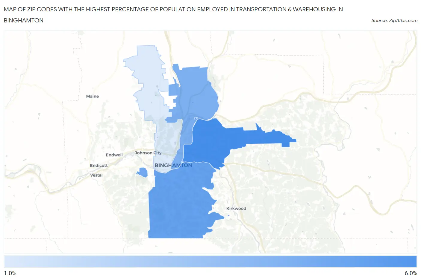 Zip Codes with the Highest Percentage of Population Employed in Transportation & Warehousing in Binghamton Map