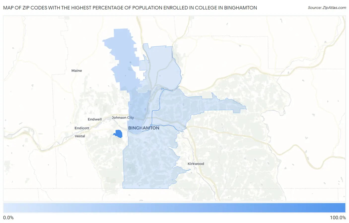 Zip Codes with the Highest Percentage of Population Enrolled in College in Binghamton Map