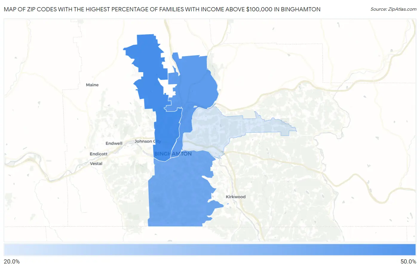 Zip Codes with the Highest Percentage of Families with Income Above $100,000 in Binghamton Map