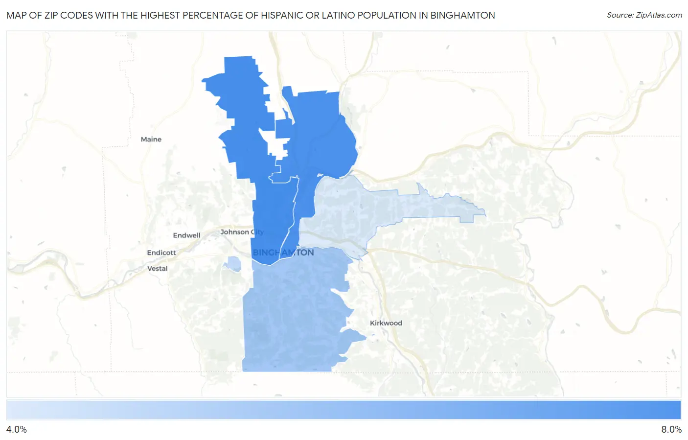 Zip Codes with the Highest Percentage of Hispanic or Latino Population in Binghamton Map