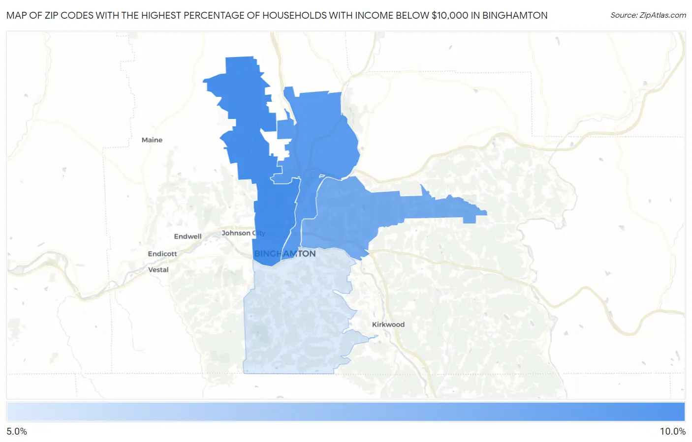 Zip Codes with the Highest Percentage of Households with Income Below $10,000 in Binghamton Map