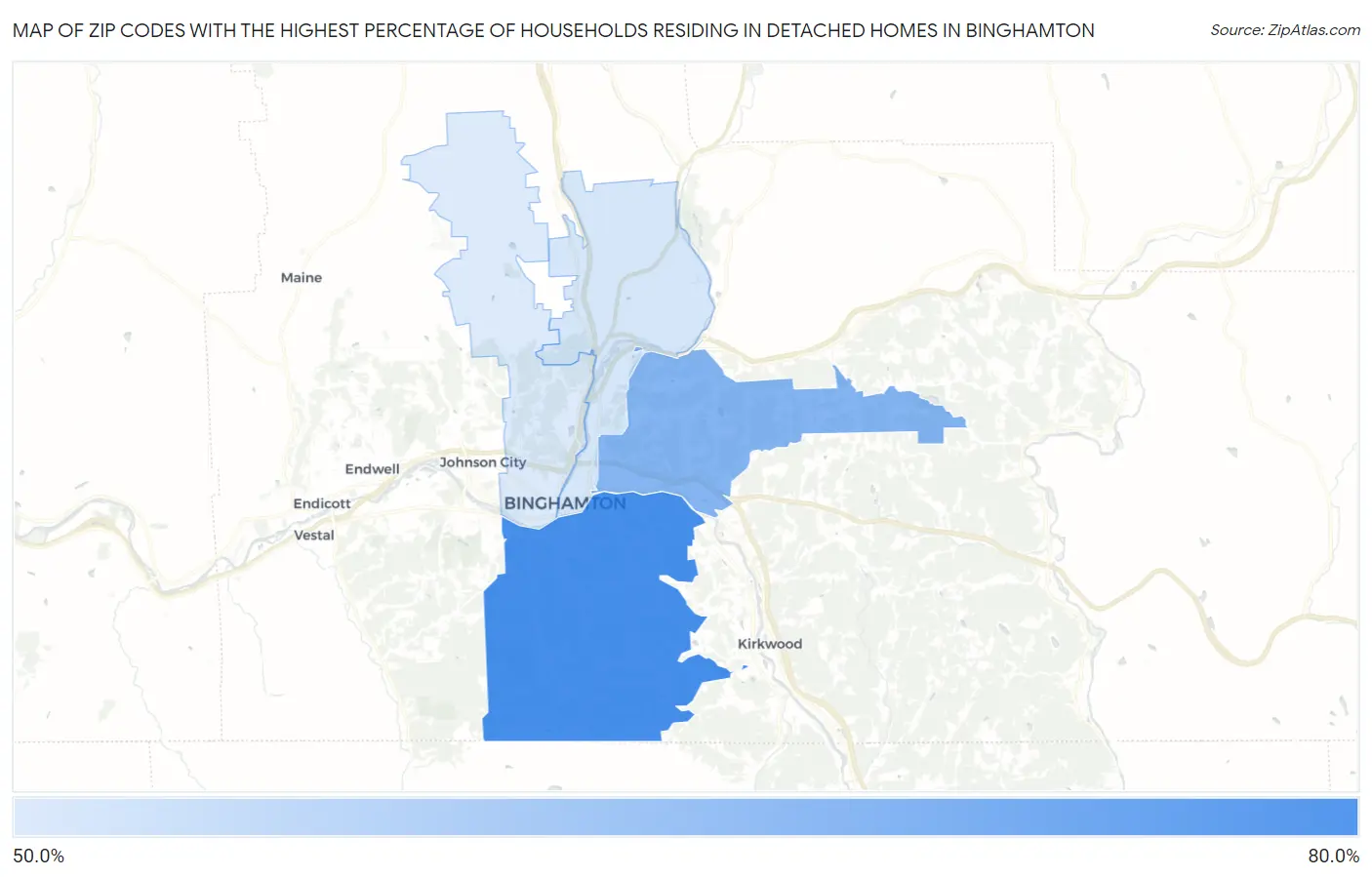 Zip Codes with the Highest Percentage of Households Residing in Detached Homes in Binghamton Map