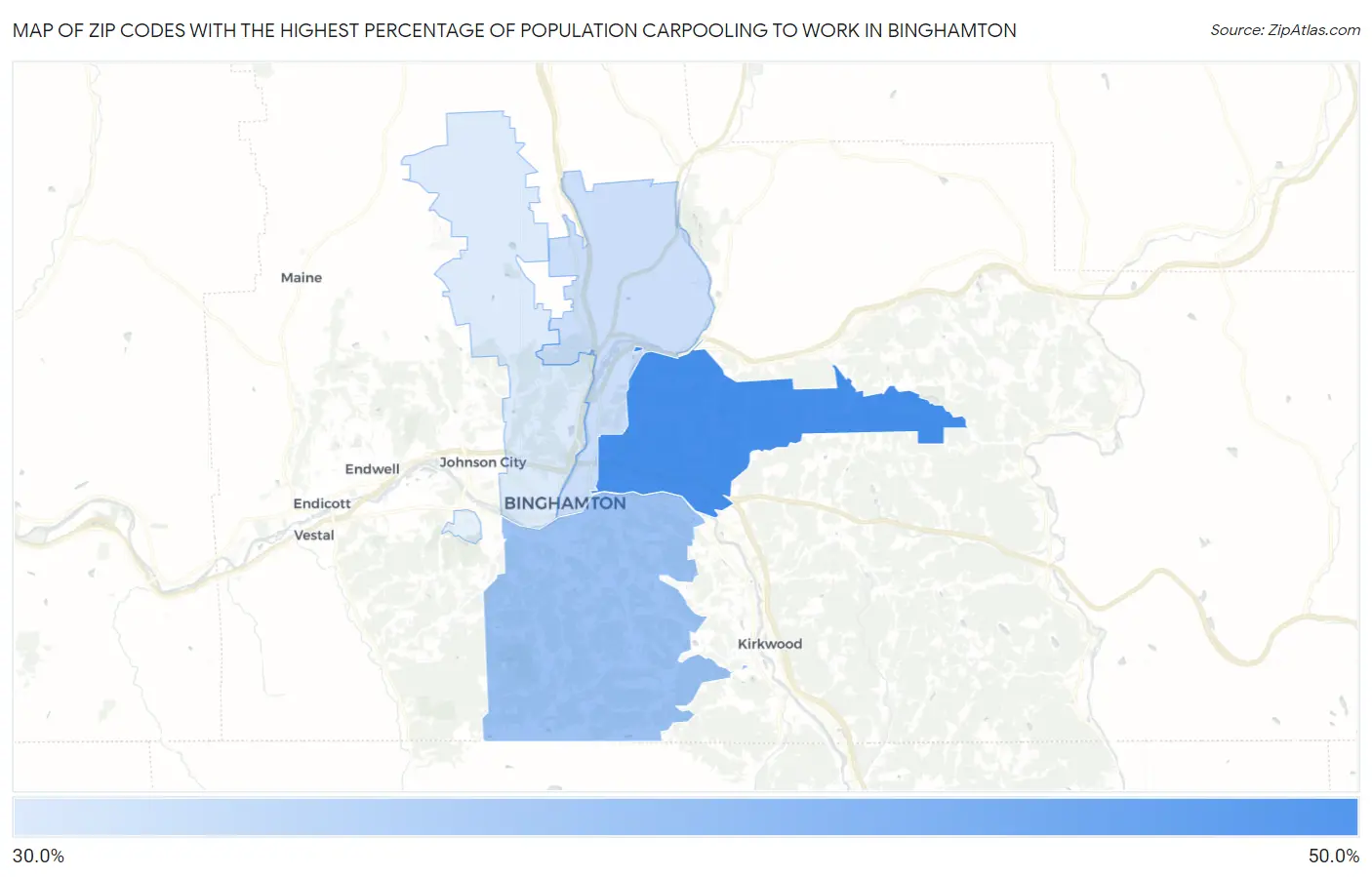 Zip Codes with the Highest Percentage of Population Carpooling to Work in Binghamton Map