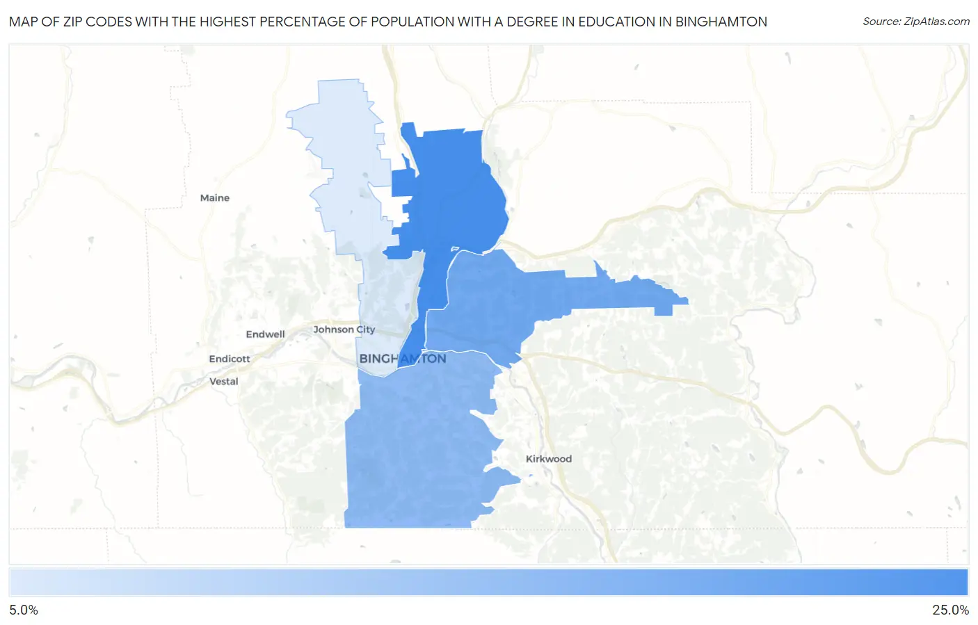 Zip Codes with the Highest Percentage of Population with a Degree in Education in Binghamton Map