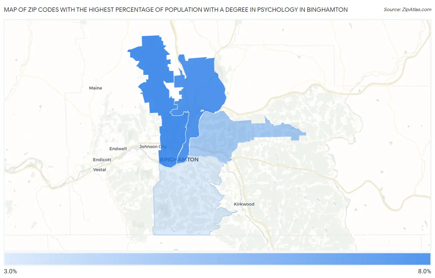Zip Codes with the Highest Percentage of Population with a Degree in Psychology in Binghamton Map