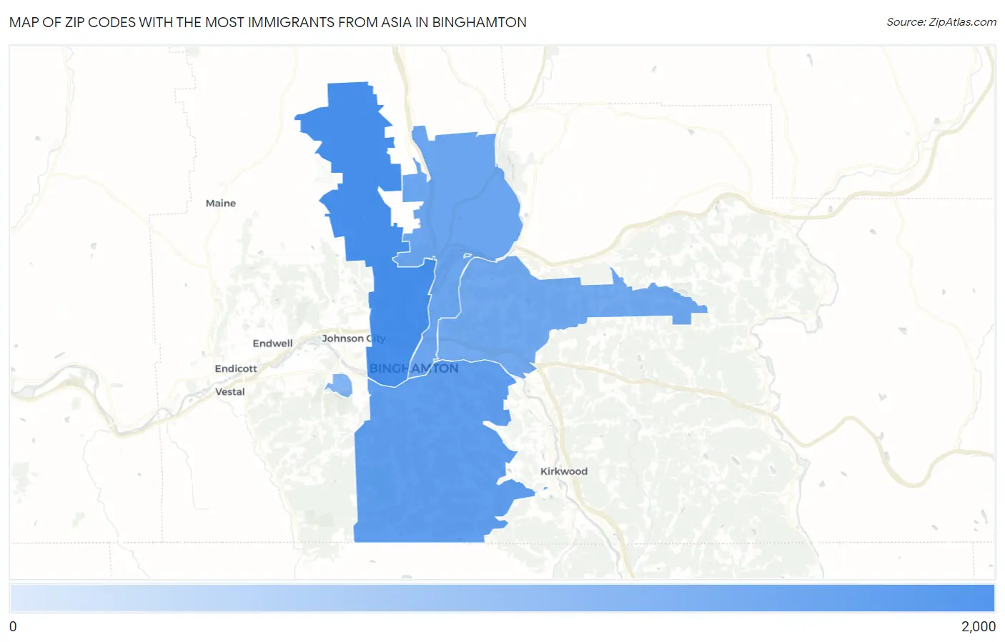Zip Codes with the Most Immigrants from Asia in Binghamton Map