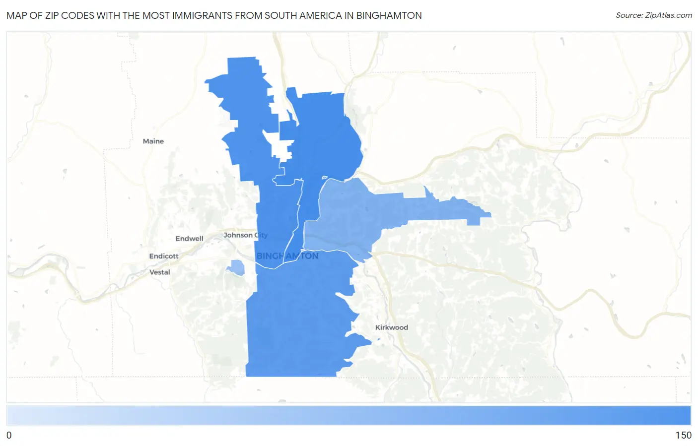Zip Codes with the Most Immigrants from South America in Binghamton Map