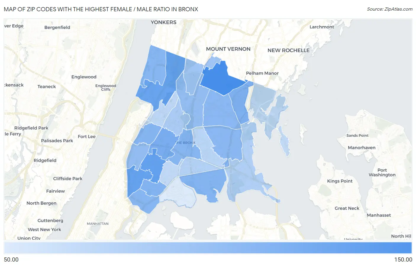 Zip Codes with the Highest Female / Male Ratio in Bronx Map