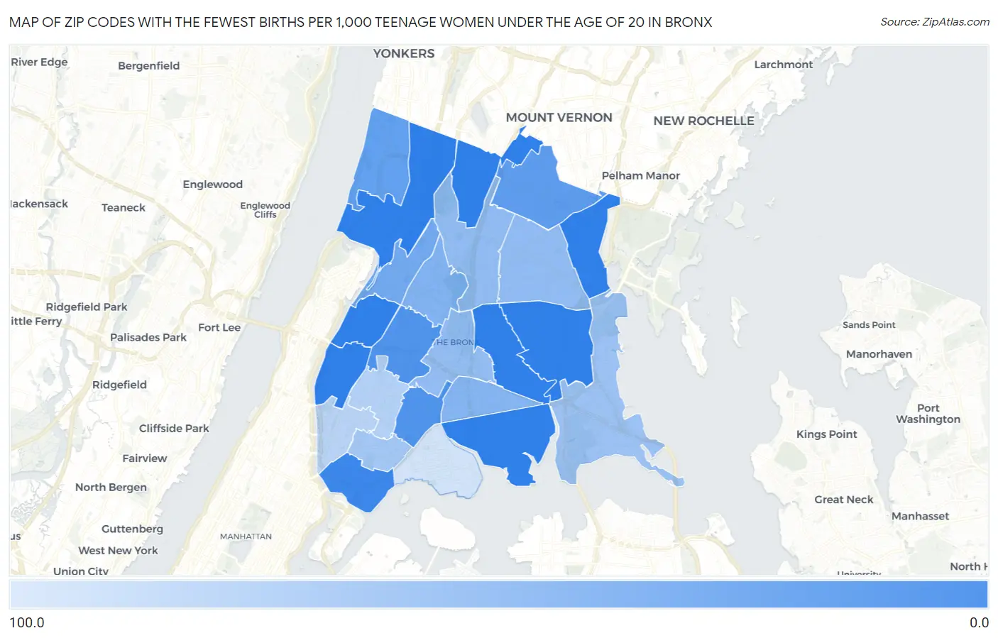 Zip Codes with the Fewest Births per 1,000 Teenage Women Under the Age of 20 in Bronx Map