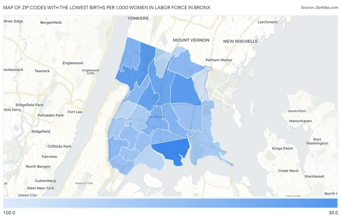 Zip Codes with the Lowest Births per 1,000 Women in Labor Force in Bronx Map
