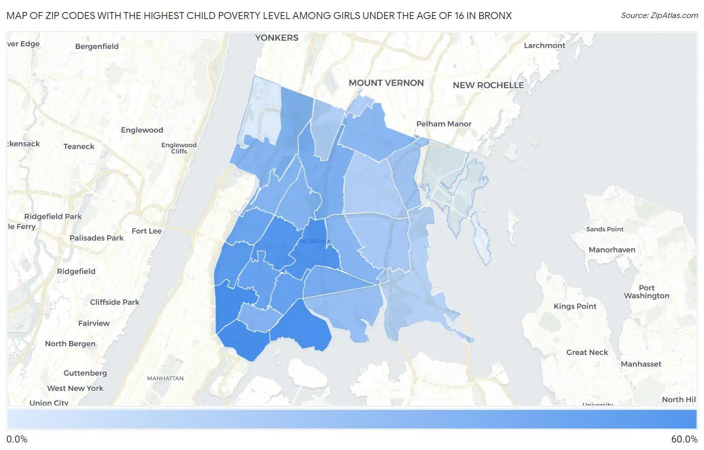 Zip Codes with the Highest Child Poverty Level Among Girls Under the Age of 16 in Bronx Map