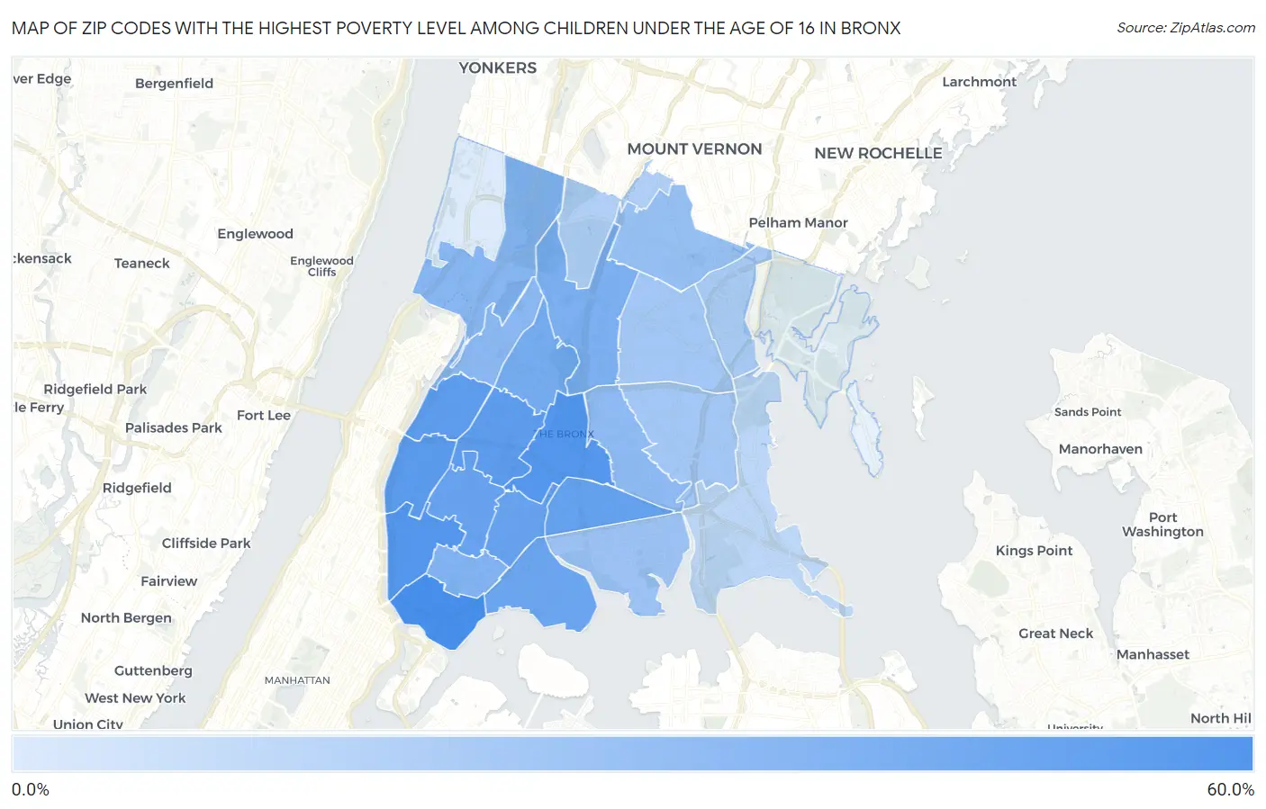 Zip Codes with the Highest Poverty Level Among Children Under the Age of 16 in Bronx Map