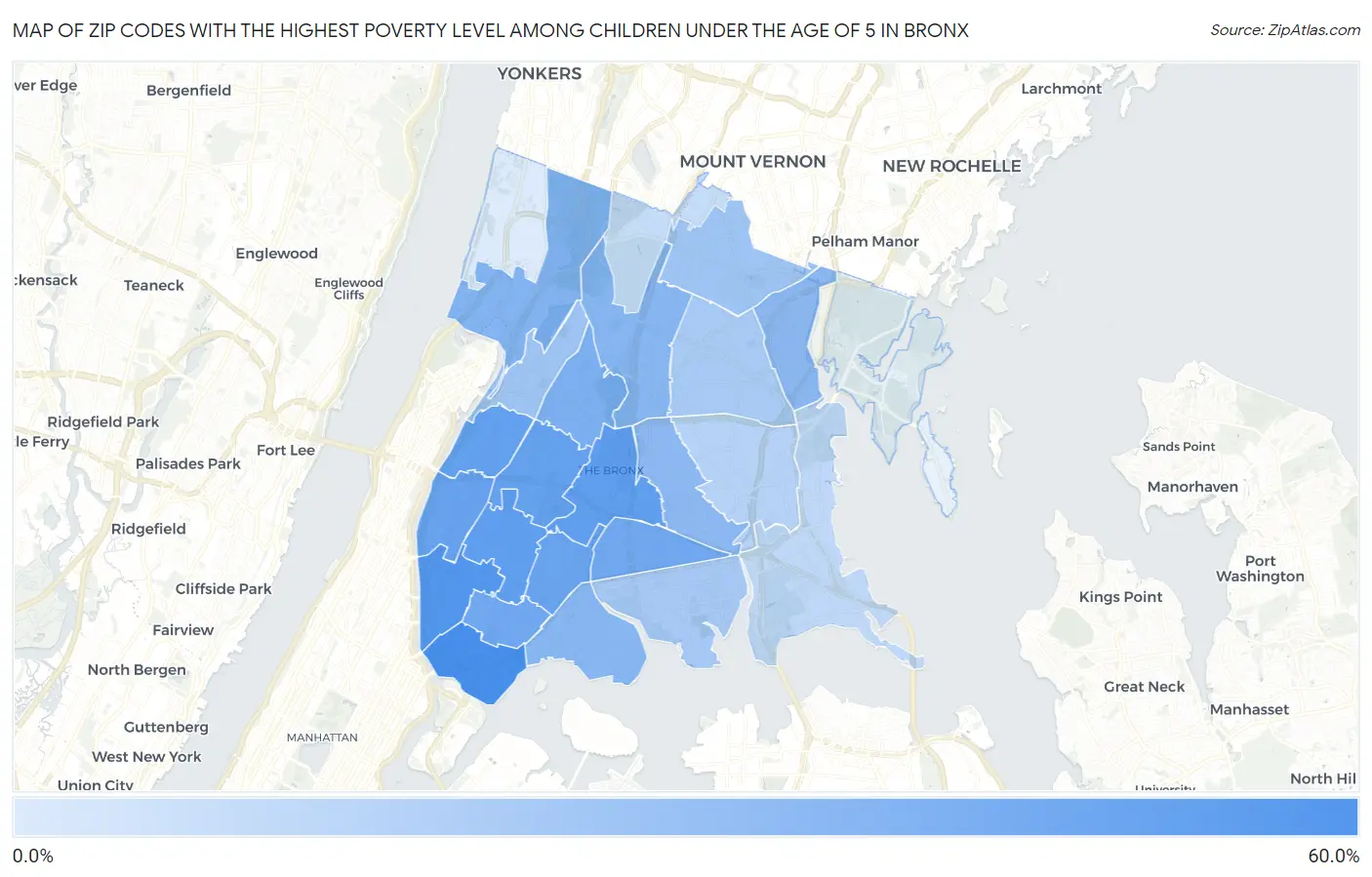 Zip Codes with the Highest Poverty Level Among Children Under the Age of 5 in Bronx Map