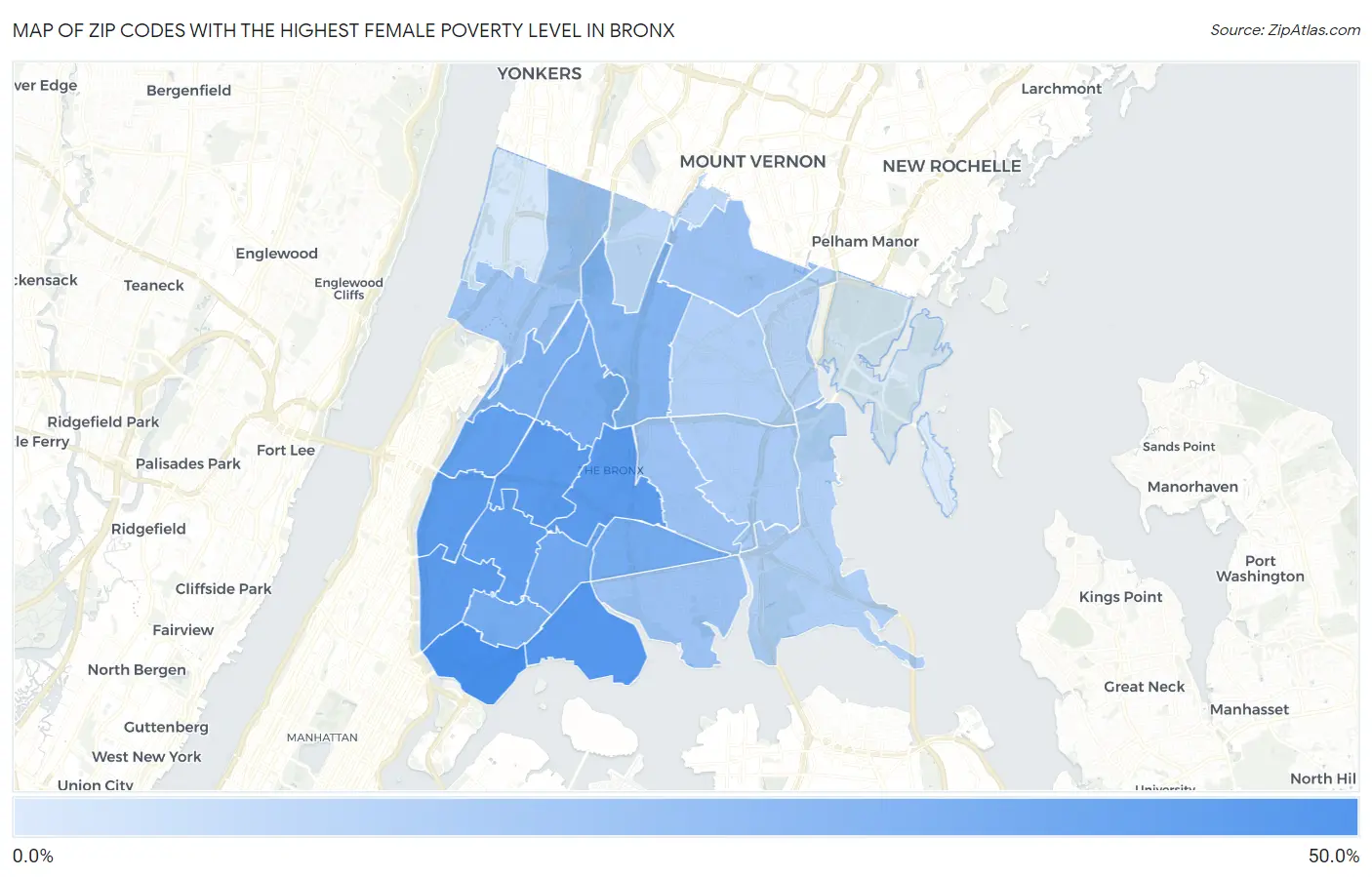 Zip Codes with the Highest Female Poverty Level in Bronx Map