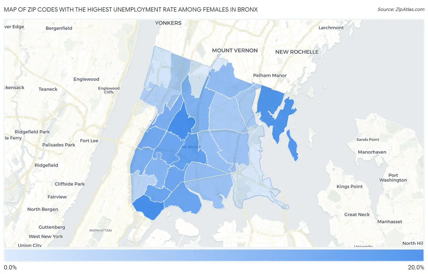 Zip Codes with the Highest Unemployment Rate Among Females in Bronx Map