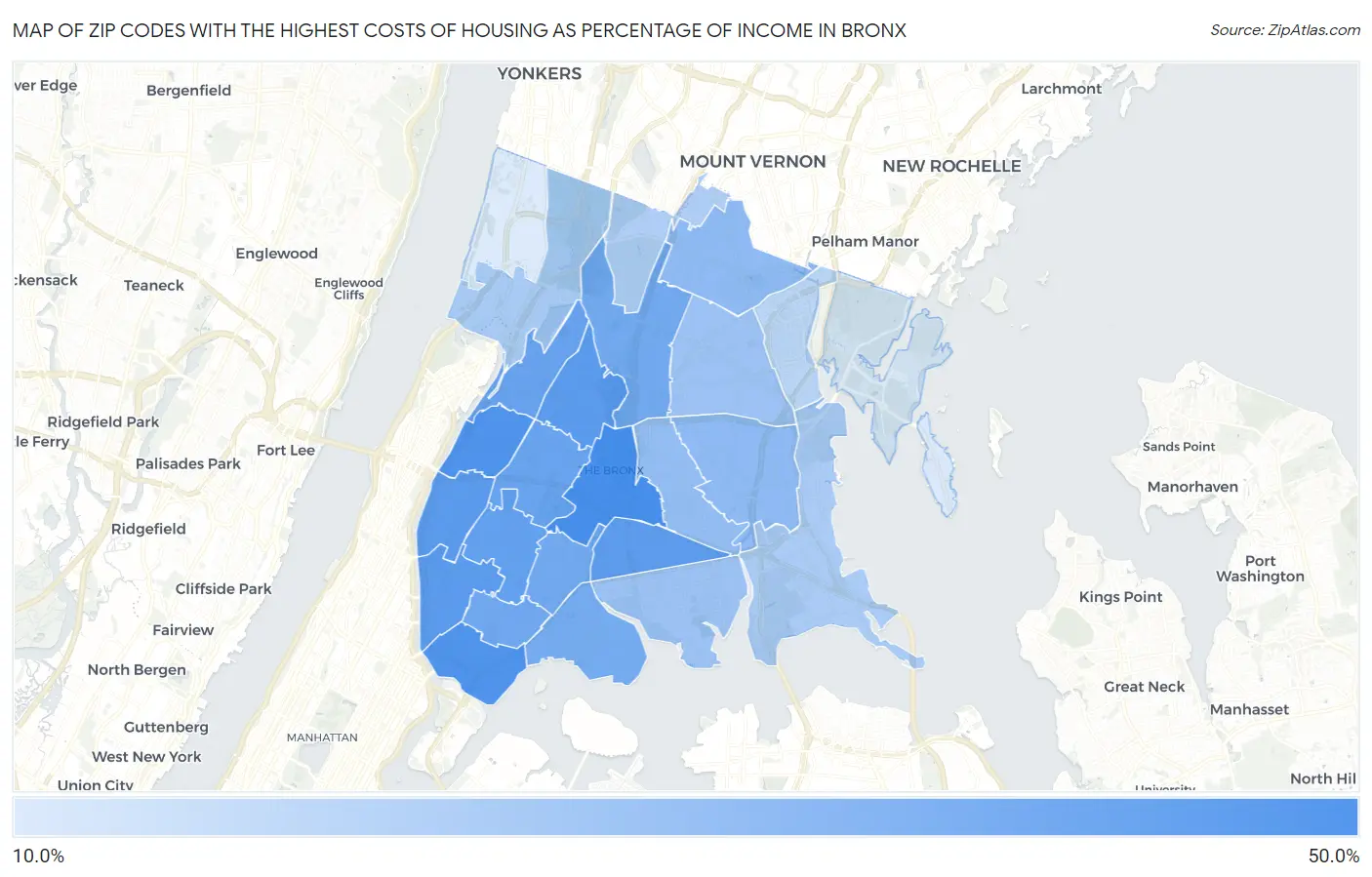 Zip Codes with the Highest Costs of Housing as Percentage of Income in Bronx Map