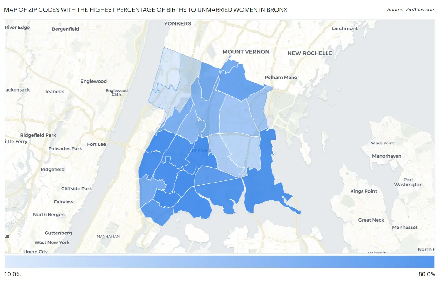 Zip Codes with the Highest Percentage of Births to Unmarried Women in Bronx Map
