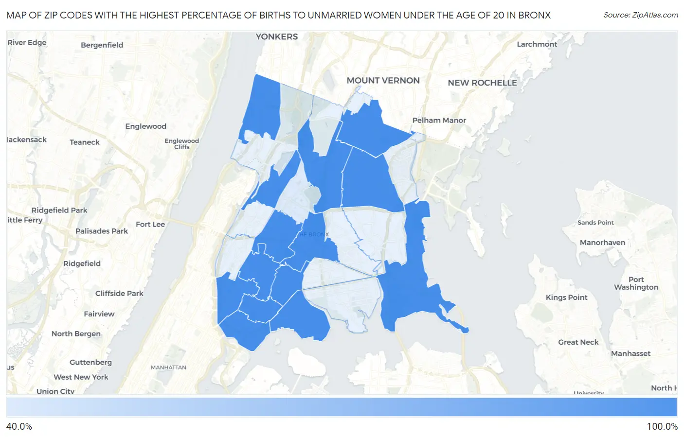 Zip Codes with the Highest Percentage of Births to Unmarried Women under the Age of 20 in Bronx Map