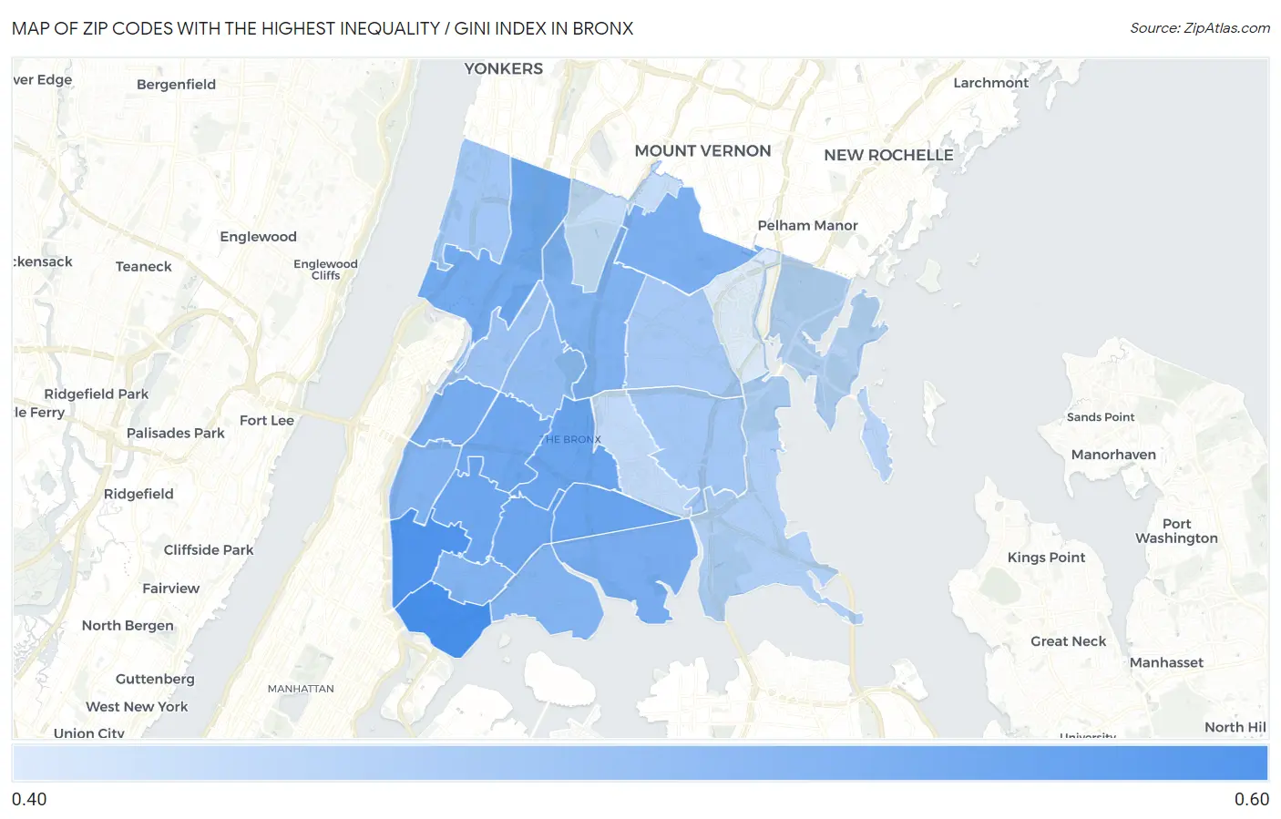 Zip Codes with the Highest Inequality / Gini Index in Bronx Map