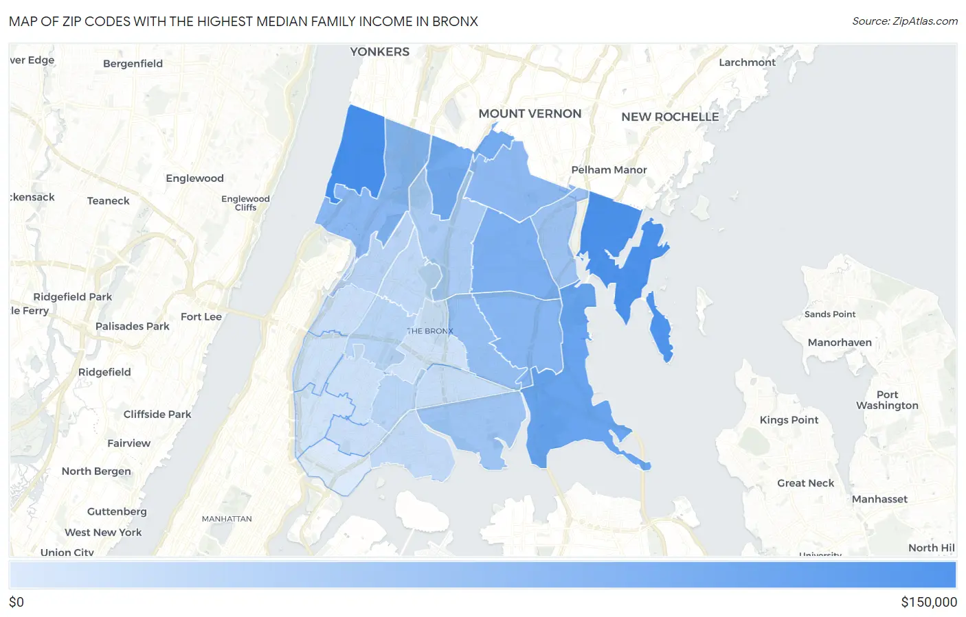 Zip Codes with the Highest Median Family Income in Bronx Map