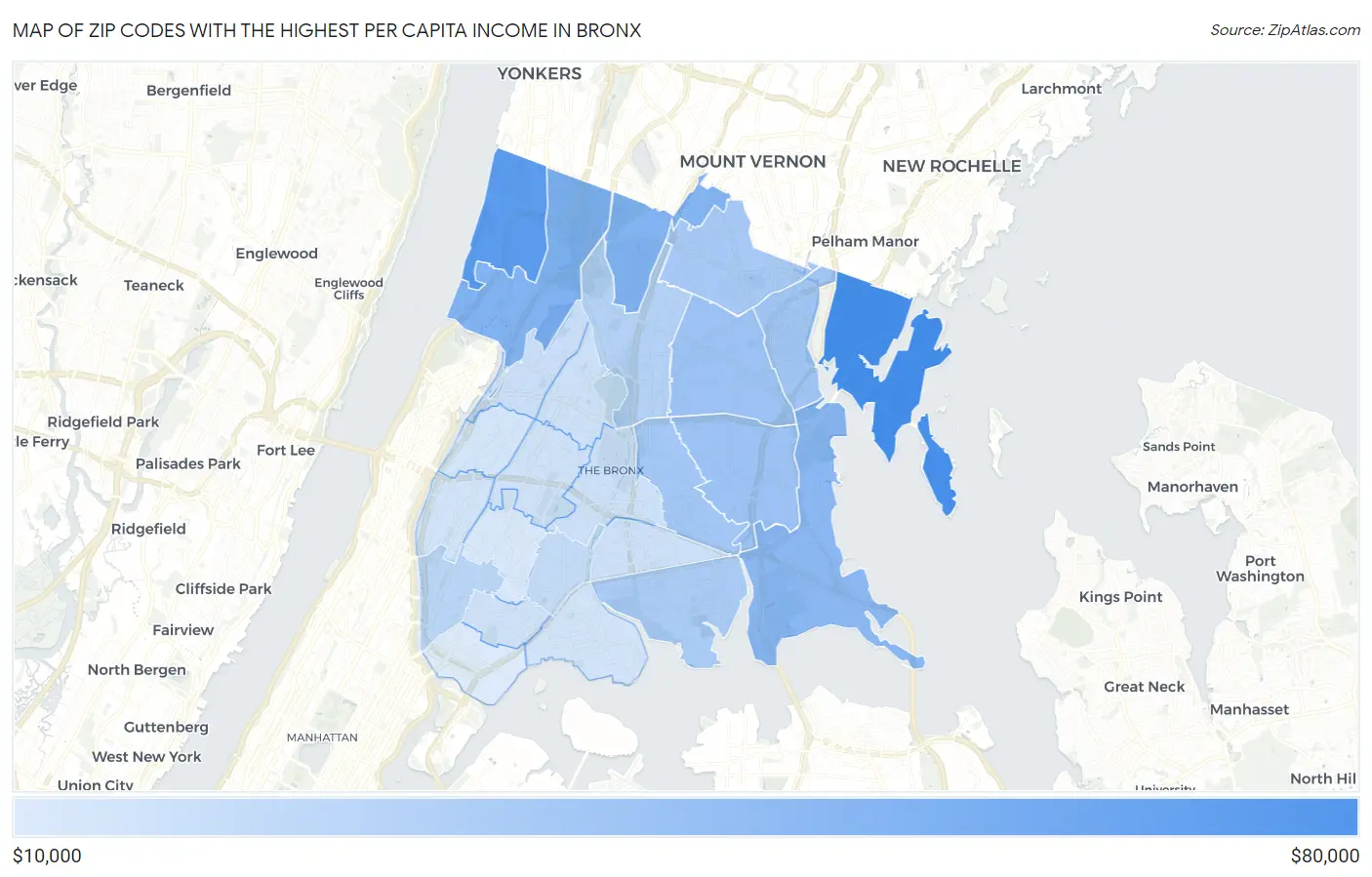 Zip Codes with the Highest Per Capita Income in Bronx Map