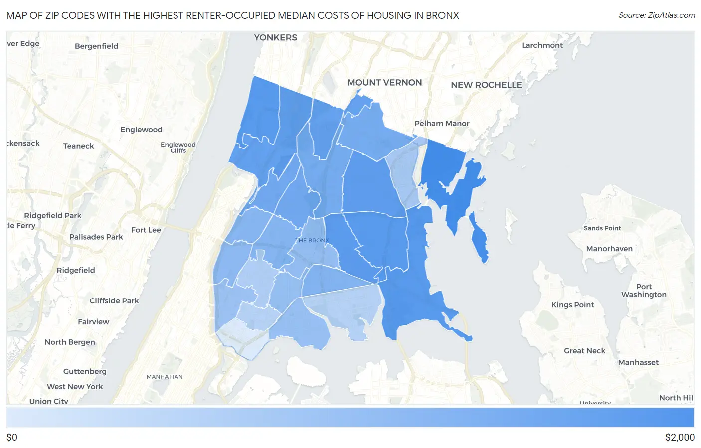 Zip Codes with the Highest Renter-Occupied Median Costs of Housing in Bronx Map