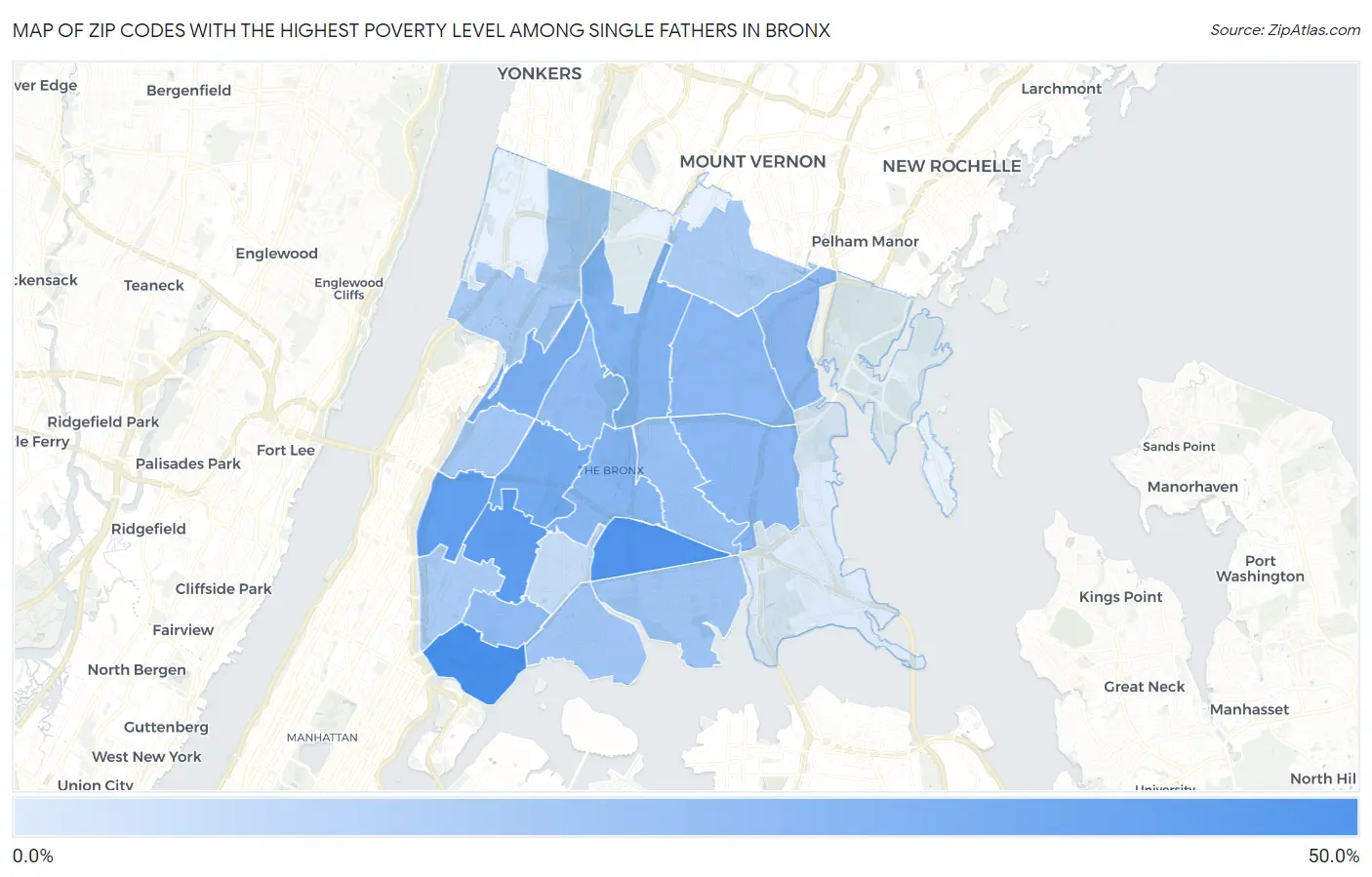 Zip Codes with the Highest Poverty Level Among Single Fathers in Bronx Map
